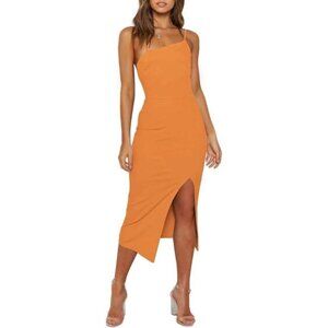 Fitted Midi Dress – Burnt Orange, Asymmetrical Straps – Women’s Small